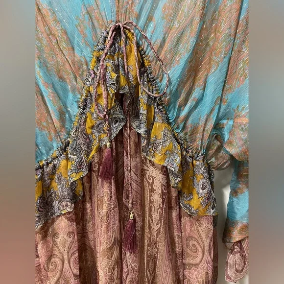 Zimmerman Realm Plunge Draw Bohemian Paisley Silk Ruffle High Low Dress Large